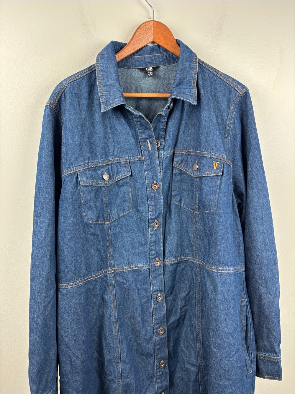 Frye Indigo Denim Shirt Dress 2X Duster Jacket pockets long sleeve blue plus - Picture 7 of 9